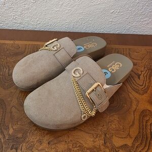New G by Guess Women's Taupe Mules with Gold Chain